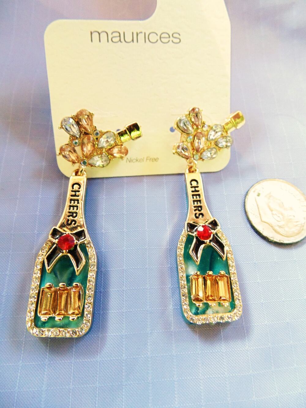 New Cheers Champagne Bottle Sparkling Holiday Earrings Pierced Long Dangle